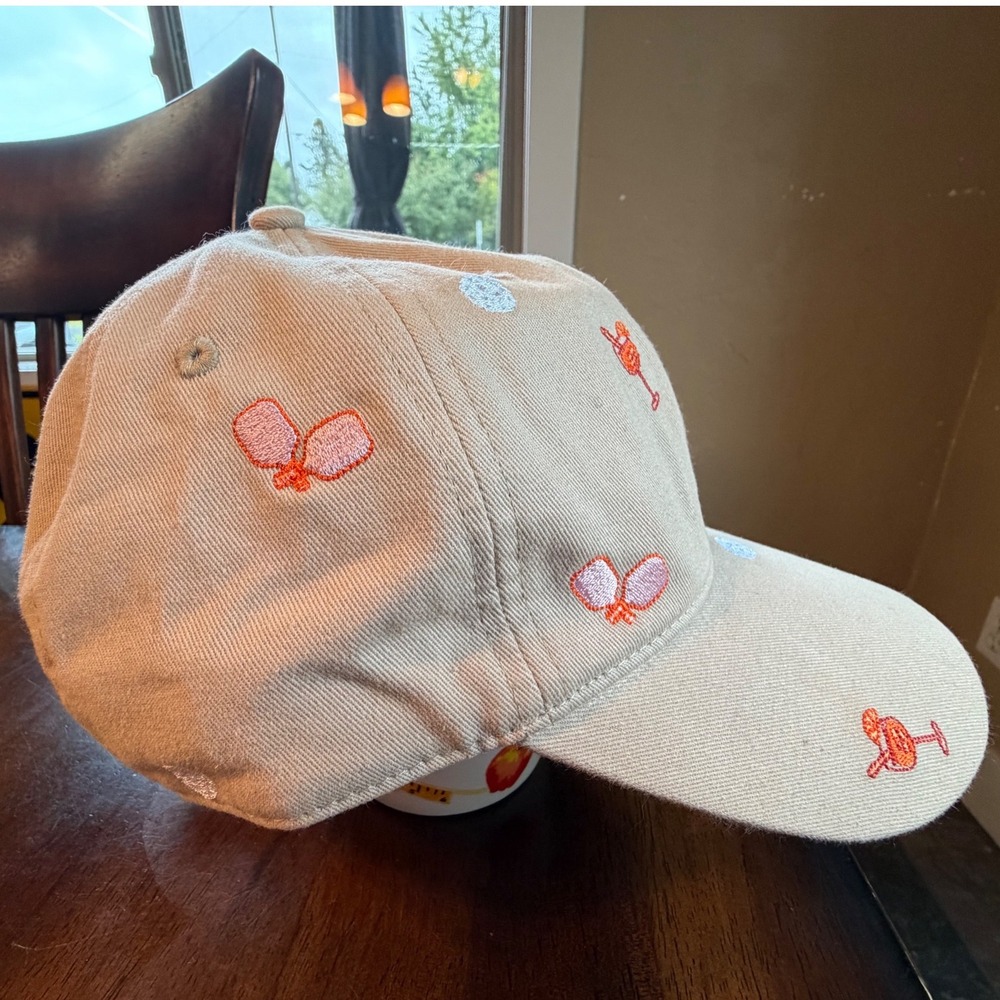 Anthropologie Pickleball & Cocktails Embroidered Cotton Golf Hat Tan Khaki New
